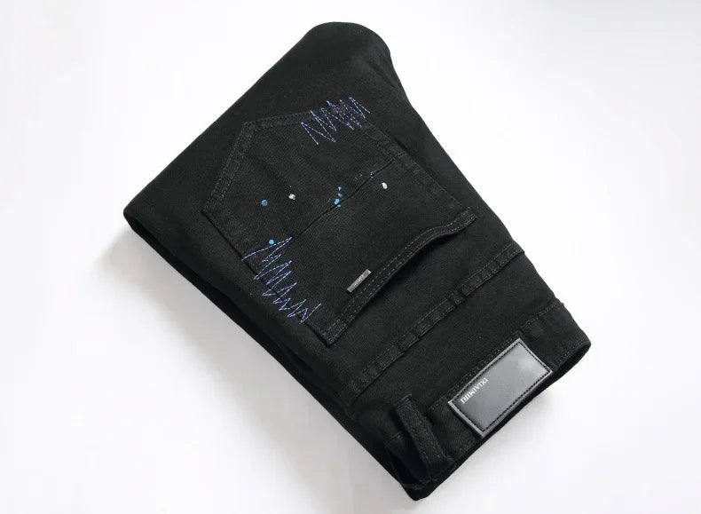 Luxurious Black Cross Rhinestone Denim Jeans for Men Slim Fit