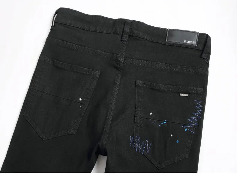 Luxurious Black Cross Rhinestone Denim Jeans for Men Slim Fit