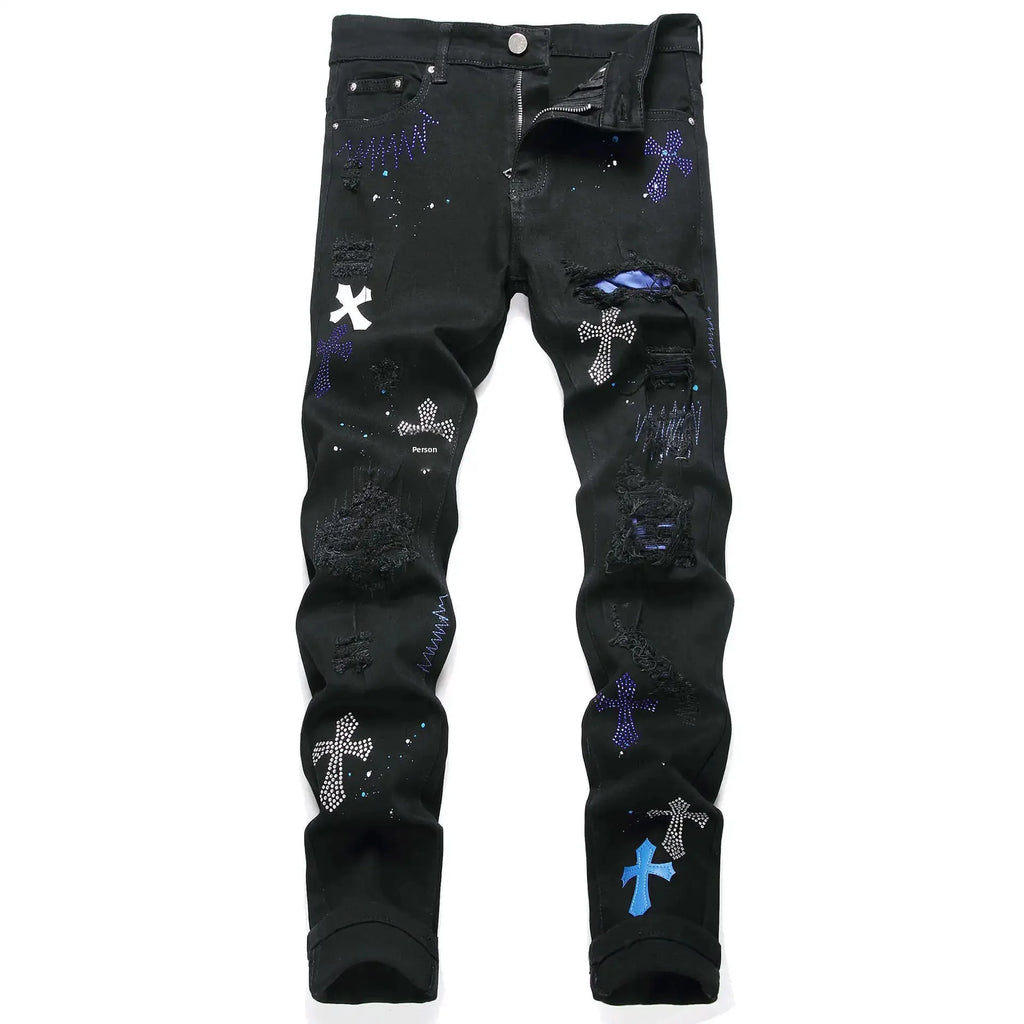 Luxurious Black Cross Rhinestone Denim Jeans for Men Slim Fit