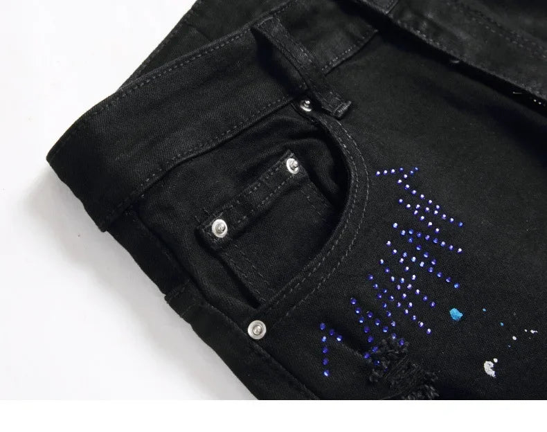 Luxurious Black Cross Rhinestone Denim Jeans for Men Slim Fit