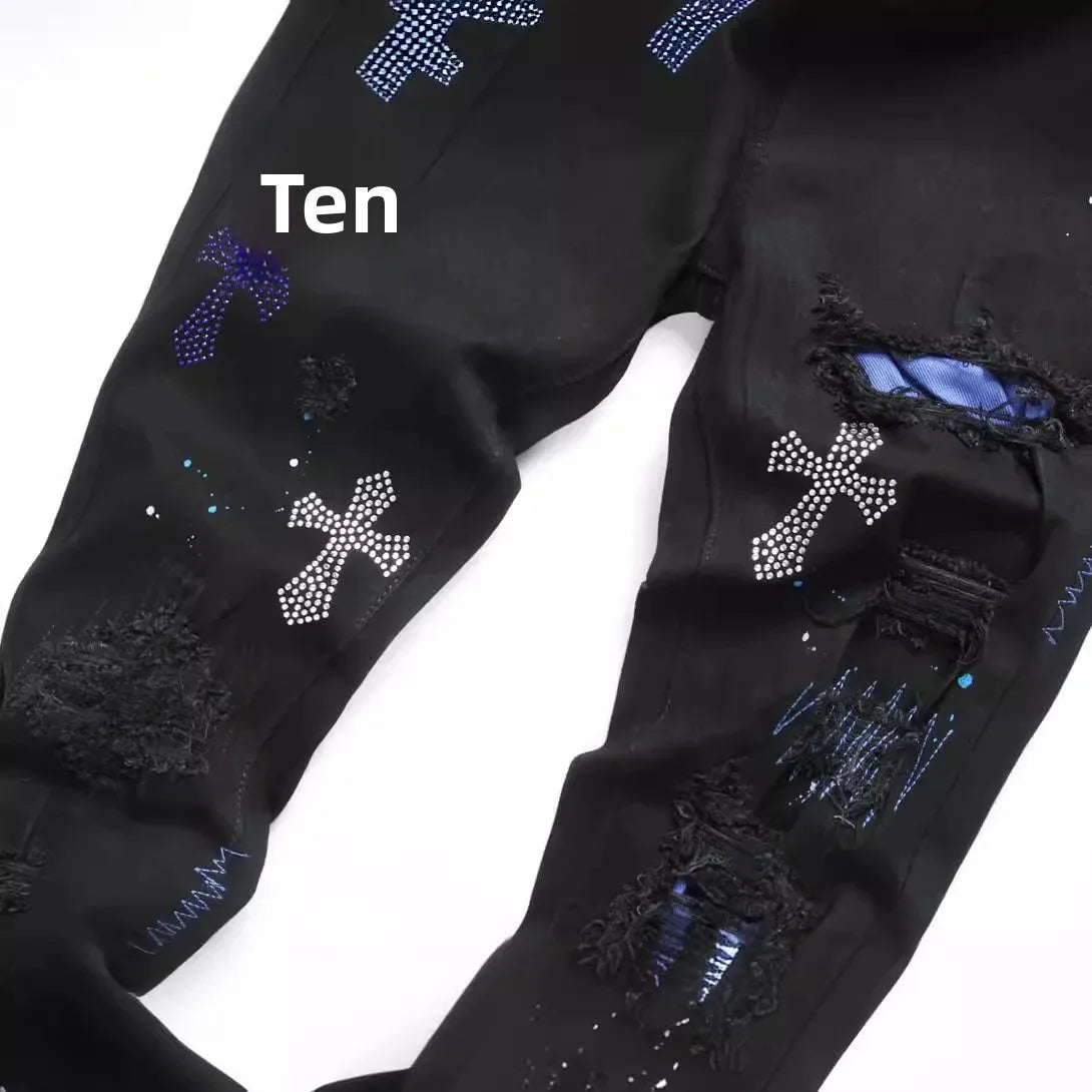 Luxurious Black Cross Rhinestone Denim Jeans for Men Slim Fit