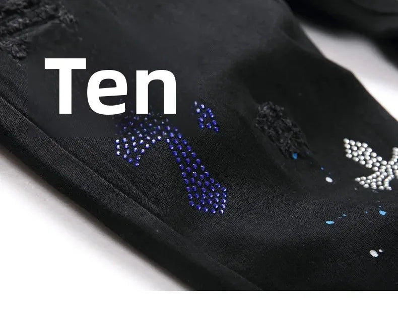 Luxurious Black Cross Rhinestone Denim Jeans for Men Slim Fit