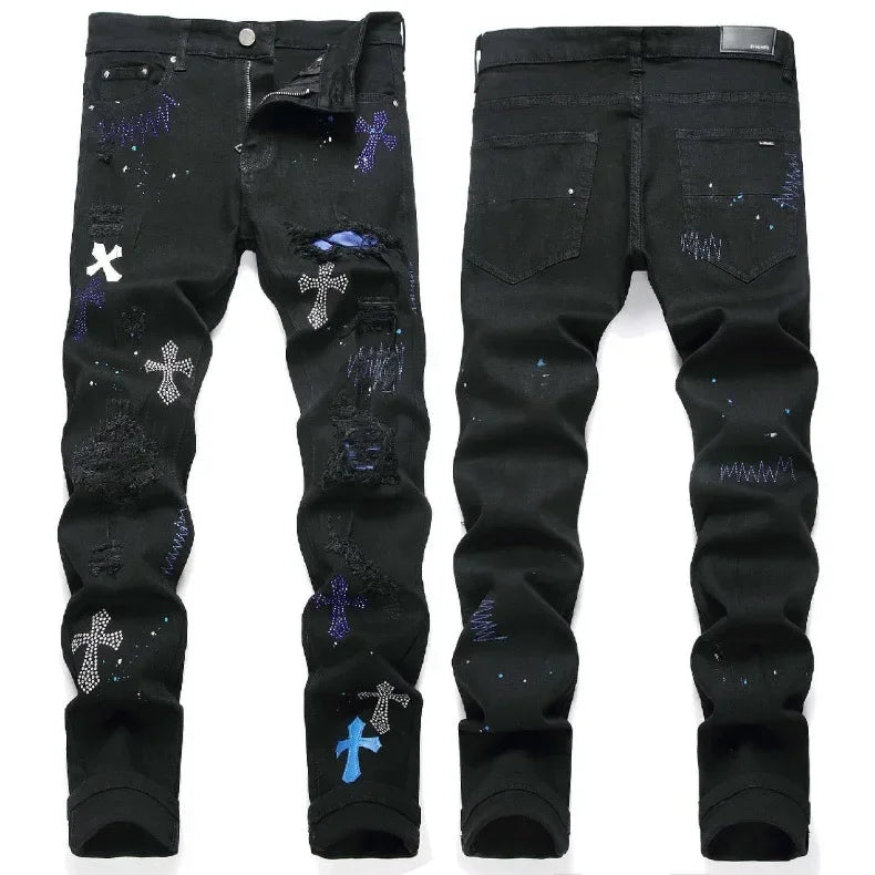 Luxurious Black Cross Rhinestone Denim Jeans for Men Slim Fit