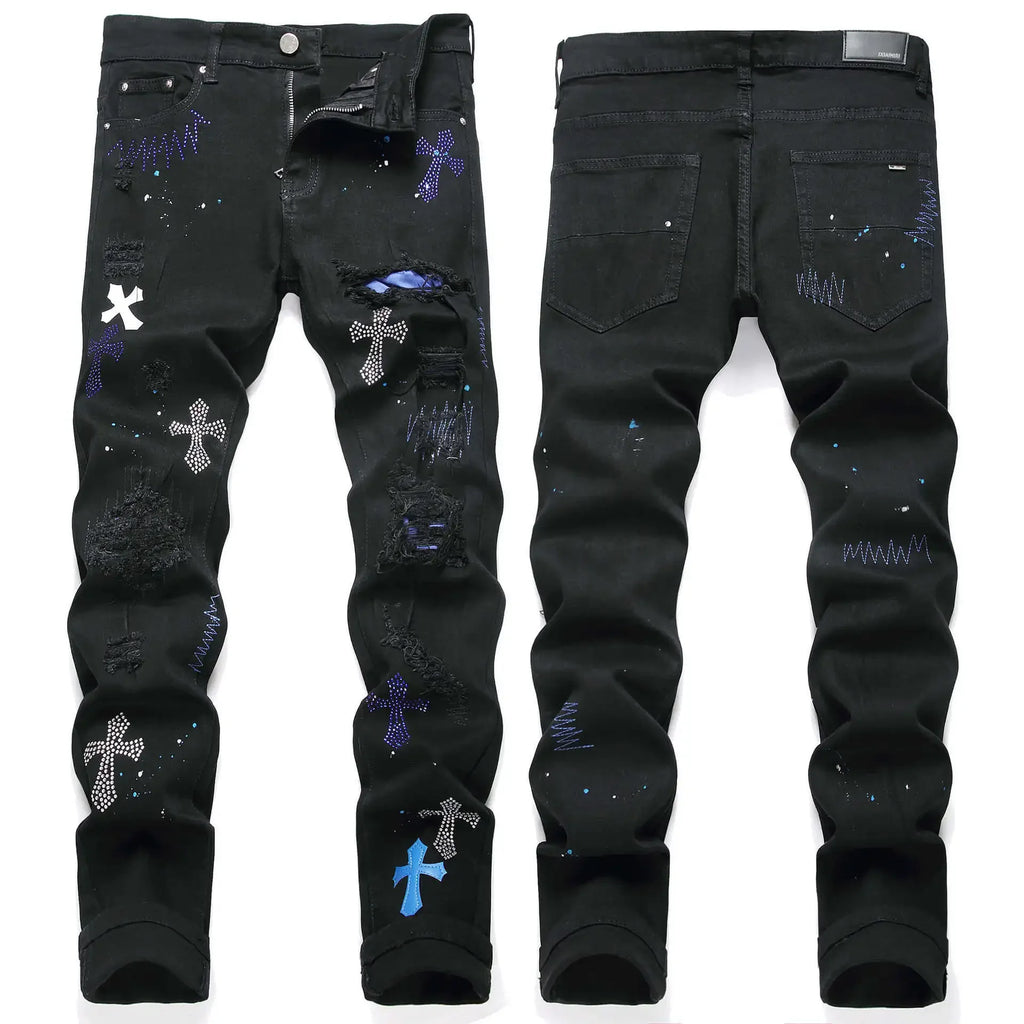 Luxurious Black Cross Rhinestone Denim Jeans for Men Slim Fit