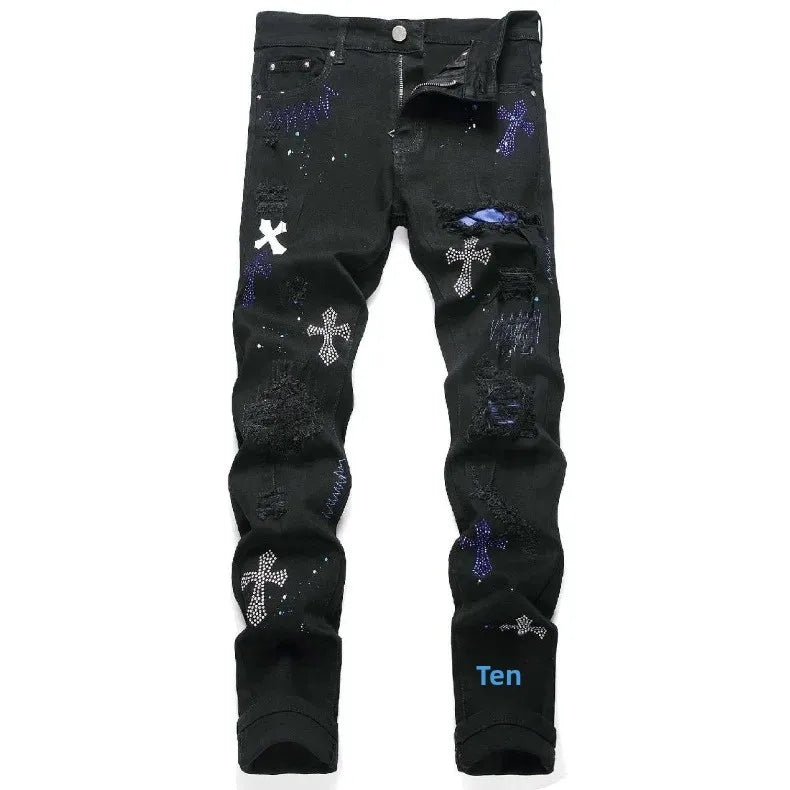 Luxurious Black Cross Rhinestone Denim Jeans for Men Slim Fit