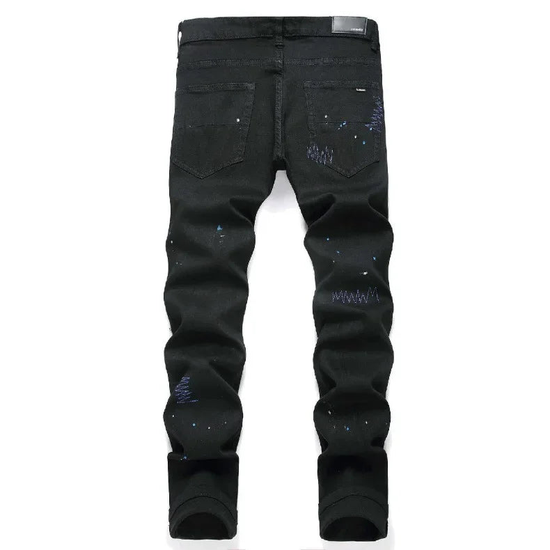 Luxurious Black Cross Rhinestone Denim Jeans for Men Slim Fit