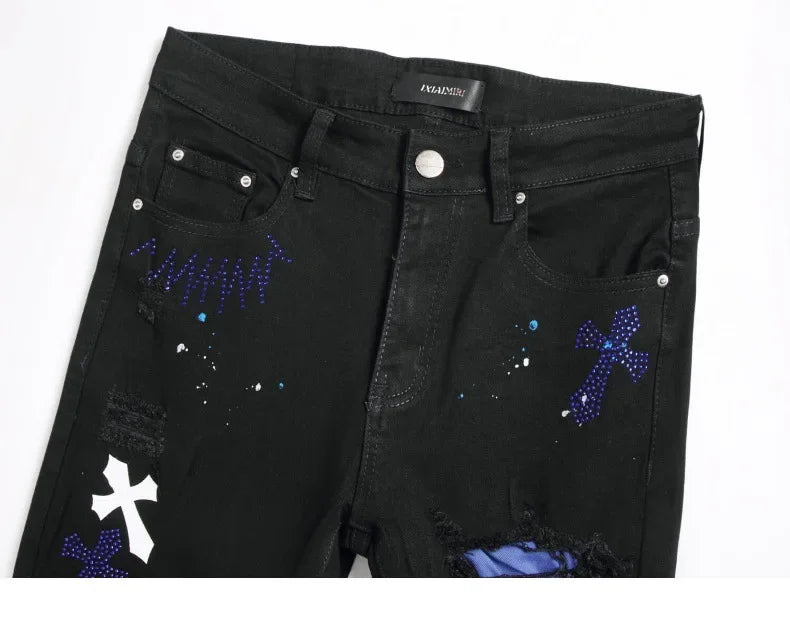 Luxurious Black Cross Rhinestone Denim Jeans for Men Slim Fit