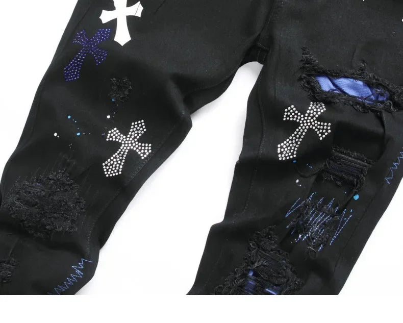 Luxurious Black Cross Rhinestone Denim Jeans for Men Slim Fit