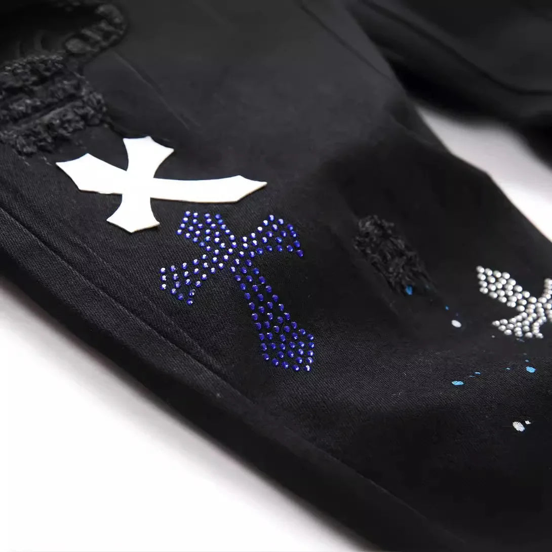 Luxurious Black Cross Rhinestone Denim Jeans for Men Slim Fit