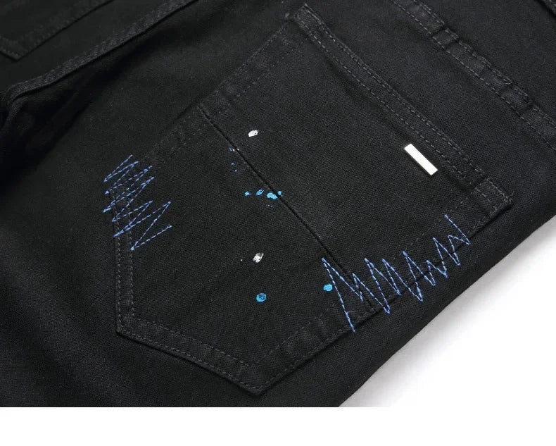 Luxurious Black Cross Rhinestone Denim Jeans for Men Slim Fit