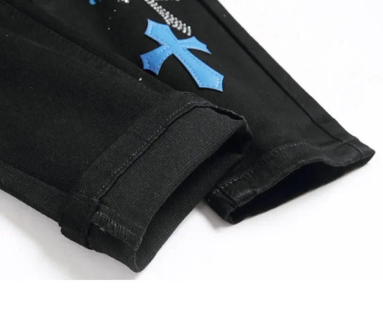 Luxurious Black Cross Rhinestone Denim Jeans for Men Slim Fit