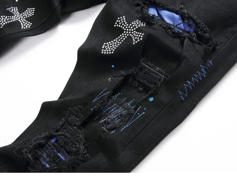Luxurious Black Cross Rhinestone Denim Jeans for Men Slim Fit