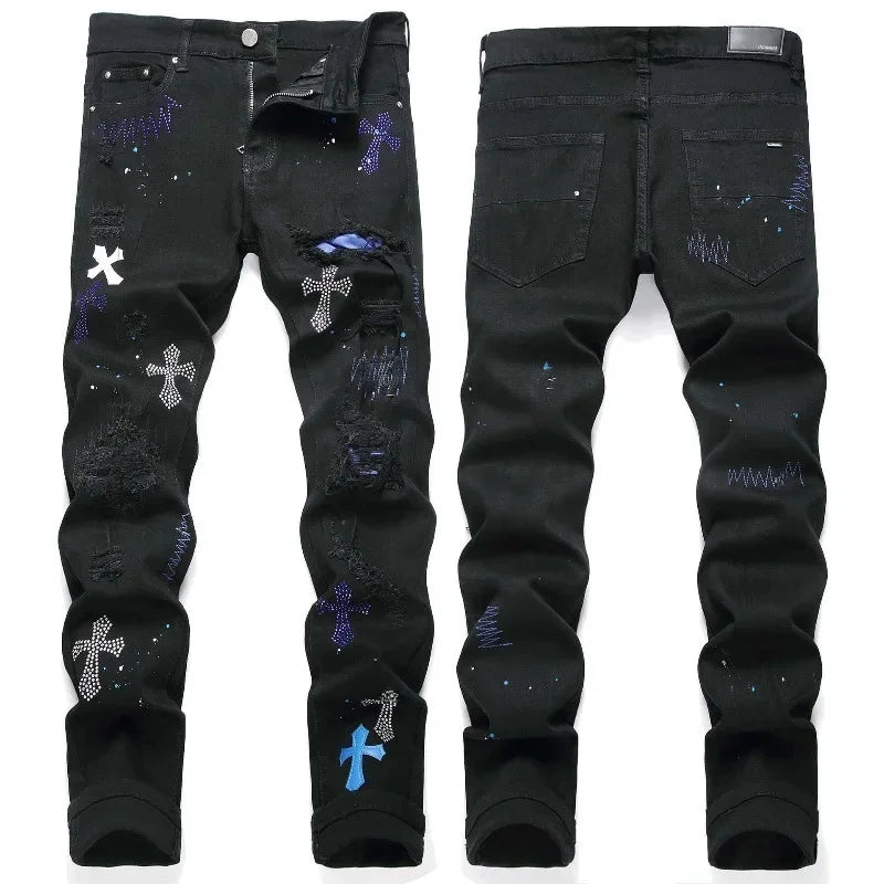 Luxurious Black Cross Rhinestone Denim Jeans for Men Slim Fit