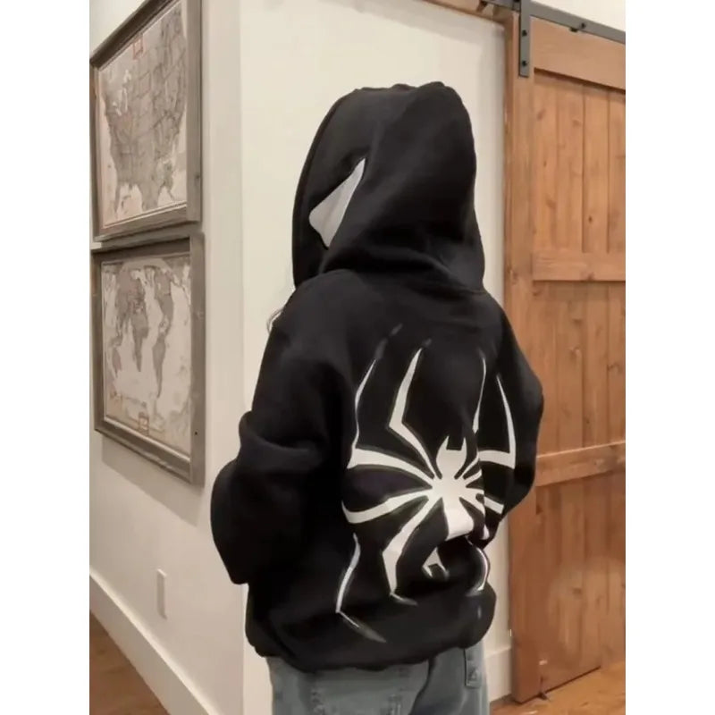 Unisex full zip spider hoodie, street style Harajuku graphic oversized jacket, hooded sweatshirt, punk gothic Y2K clothing